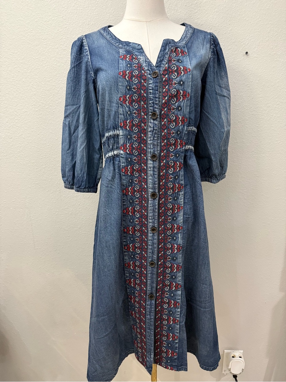 Vintage Keer Qiaowa Cross Stitch Midi Denim Dress Size M - Picture 4 of 6